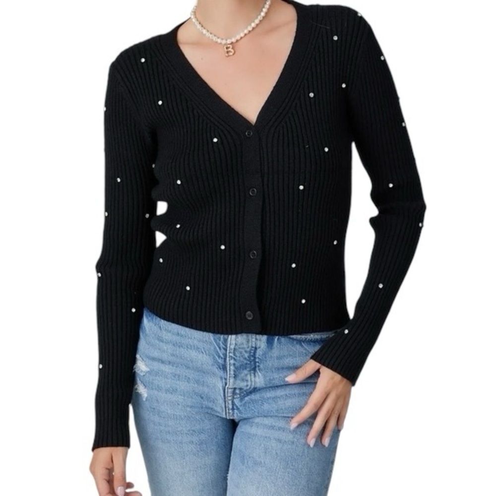H&M Rhinestone Embellished Ribbed Thick Knit V-Neck button front Cardigan